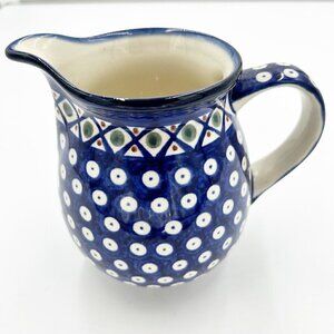 Boleslawiec Polish Pottery 6" Pitcher Handmade Poland Blue Eyed Peacock